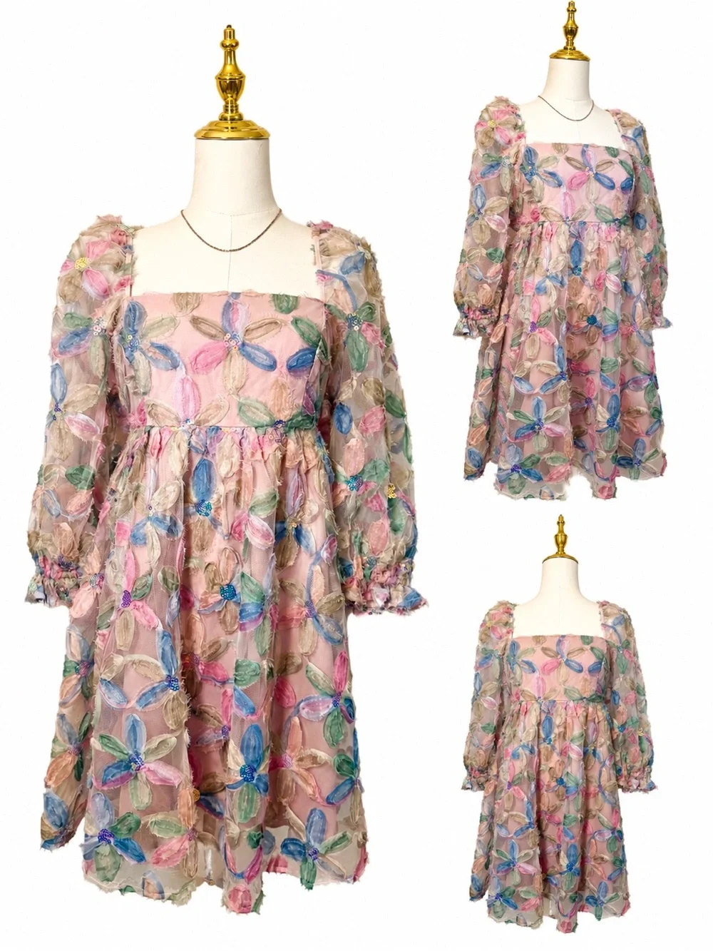 Storia Pastel Mesh Floral Puff-Sleeve Mini Dress